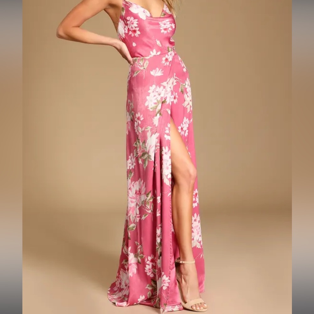 NWT Lulus Love of Romance Pink Floral Print Satin Cowl Neck Maxi Dress - Picture 2 of 8